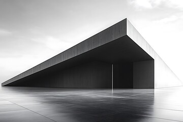 Obraz premium A minimalist black and white photograph of a modern building with a large concrete canopy.