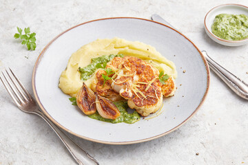 Fried Cauliflower Steaks with Creamed Potato