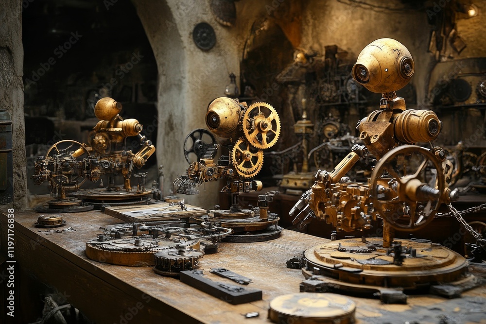 Poster Gears and golden automatons on workbench in workshop.