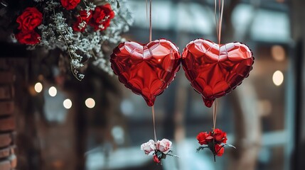 Valentine's Day background with heart-shaped balloons and confetti, cityscape in the blurred background, copy space for text, banner design