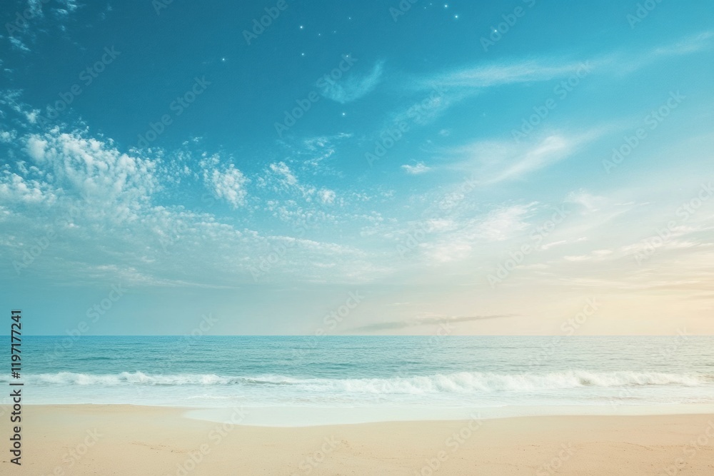 Poster vast coastal view featuring sandy beach and calm ocean under a vast sky with soft clouds at twilight