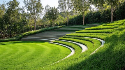 Scenic Outdoor Amphitheater Surrounded by Lush Greenery and Trees in a Beautifully Landscaped Park Setting