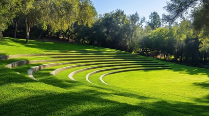 Explore a Sunlit Natural Amphitheater Amidst a Serene Forest Landscape with Lush Greenery