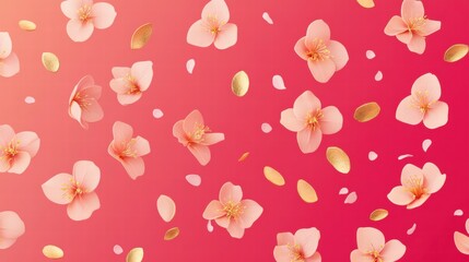 Celebration of Spring Stylized Peach Blossoms and Gold Ingots Background Chinese Inspired Seamless Pattern