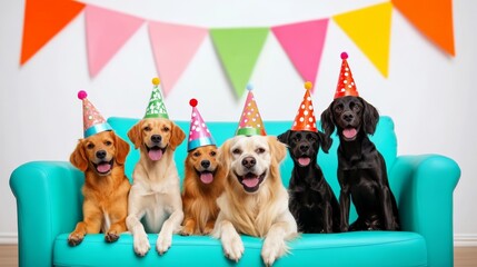 Joyful Canine Celebration: Adorable Dogs in Colorful Party Hats Enjoying a Festive Gathering on a Comfy Couch