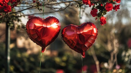 Valentine's Day background with heart-shaped balloons and confetti, cityscape in the blurred background, copy space for text, banner design