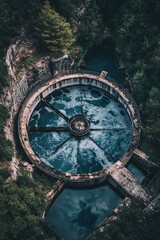 Obraz premium Aerial View of Circular Water Reservoir Surrounded by Lush Green Forest Serene Nature Scene