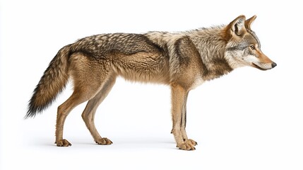 Profile view of a coyote standing on white background.