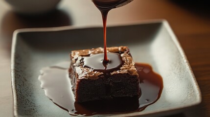 A hybrid Chinese New Year dessert of red bean mochi brownies, served with a drizzle of chocolate ganache.