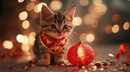 A kitten wearing a red Chinese New Year collar with gold accents, playing with a mini lantern and festive confetti.