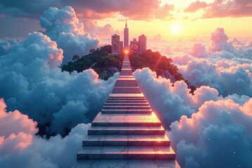 Fototapeta premium Stairway to Heaven City, Cloud-Kissed Stairs, Heavenly Metropolis