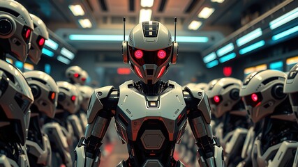 Fototapeta premium Futuristic Robot Room, AI-Generated Photo, Robots, Technology, Cyberpunk, Sci-Fi
