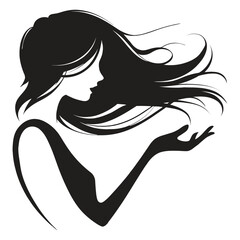 Elegant Silhouette of a Woman with Flowing Hair and Outstretched Hand