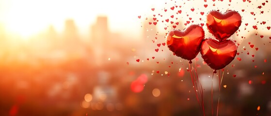 Valentine's Day background with heart-shaped balloons and confetti, cityscape in the blurred background, copy space for text, banner design