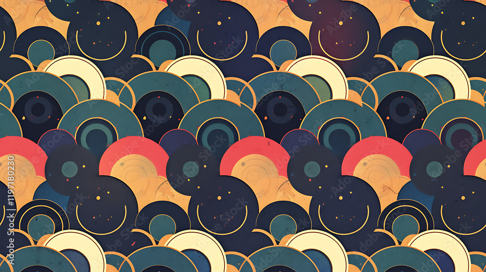 Poster colorful abstract pattern featuring circles and curves in various shades. design combines deep blue,