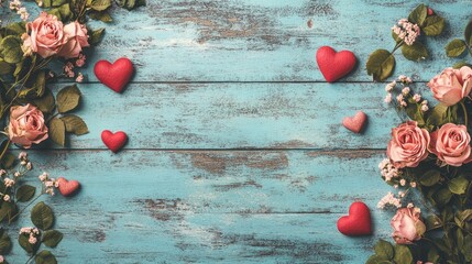 Obraz premium Valentine day or Mother day background decorated with pink red hearts and roses flowers 