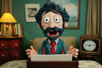 Business Claymation, A claymation character presenting virtually, showcasing creativity and technology in a high-fidelity digital format.