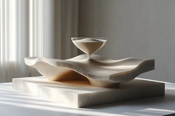 A modern hourglass sculpture made of wood and glass with sand flowing through it.