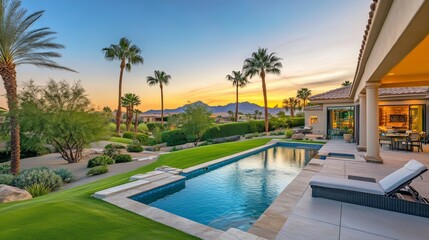 Fototapeta premium Luxurious Tropical Villa Retreat with Stunning Poolside Sunset Views Amongst Palm Trees for Ultimate Relaxation and Leisure Escape