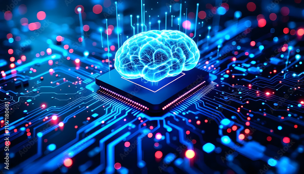 Aufkleber artificial intelligence brain on microchip circuit board: futuristic ai technology concept, digital 
