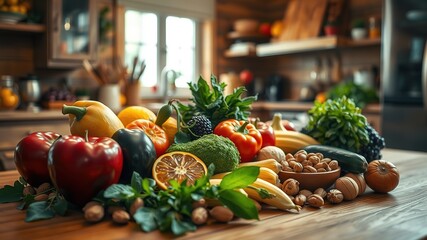 Healthy Eating: Fresh Fruits, Vegetables & Nuts on Wooden Table