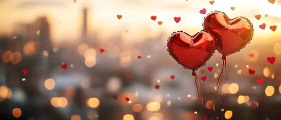 Valentine's Day background with heart-shaped balloons and confetti, cityscape in the blurred background, copy space for text, banner design
