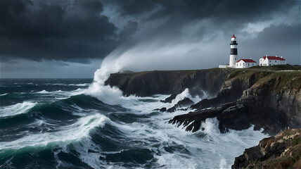 Dramatic waves crash against a rugged coastline under stormy skies near a tall lighthouse at dusk