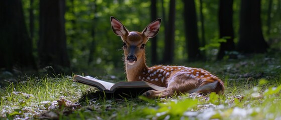 Obraz premium Fawn Reading Book in Sunlit Forest Peaceful Nature Scene