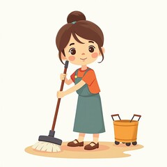 3D icon cute Young woman housewife cleaning the floor with a mop, people activity, daily routine cartoon style
