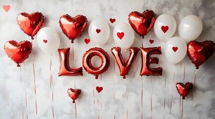 A wall with Valentine's Day balloons and balloon letters that spell "LOVE," front view, photography studio backdrop for a photo shoot	