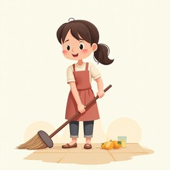 3D icon cute Young woman housewife cleaning the floor with a mop, people activity, daily routine cartoon style
