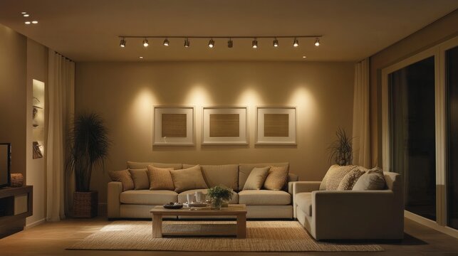 Track LED-lighting system installed on the wall in a living room, with spotlights under the ceiling providing adjustable lighting