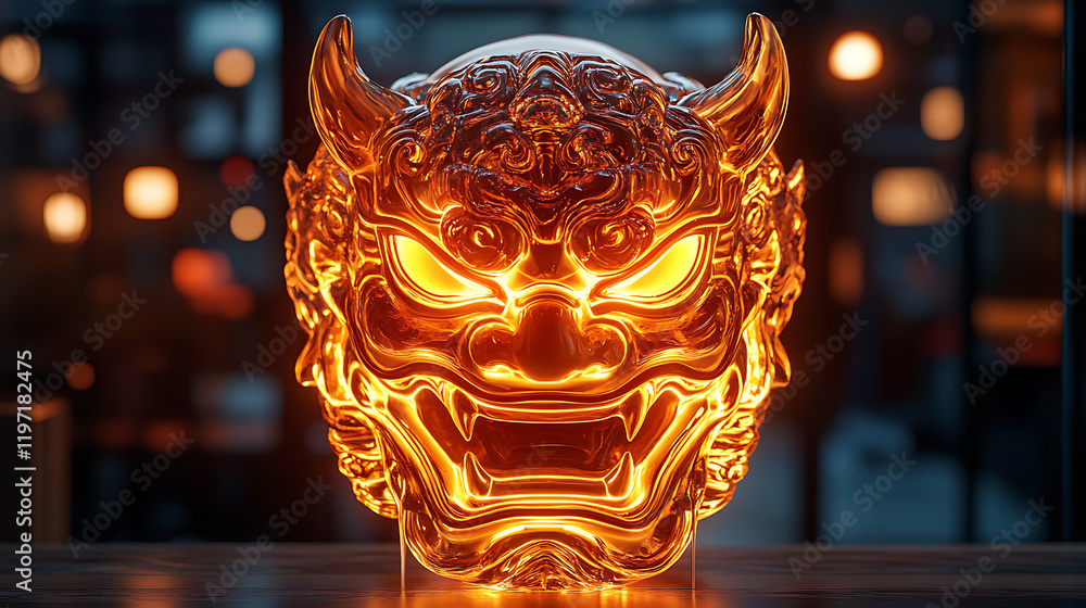 Poster illuminated glass sculpture of a fierce mythical creature in a modern urban setting with soft bokeh