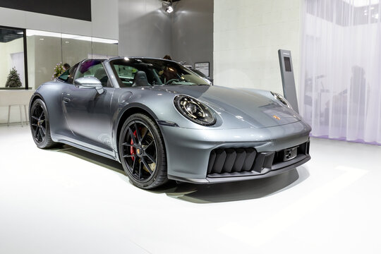 Porsche 911 Targa 4 GTS (2025) sports car at the Brussels Motor Show. Brussels, Belgium - January 10, 2025.