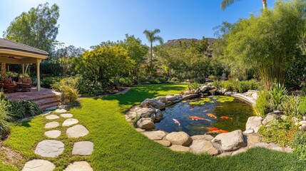 Tranquil Oasis: Stunning Garden Retreat with Koi Pond and Lush Greenery Perfect for Peaceful Outdoor Relaxation