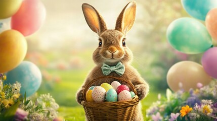 Fototapeta premium A playful bunny wearing a bow tie, holding a basket of Easter eggs, with a backdrop of pastel balloons and a springtime garden.