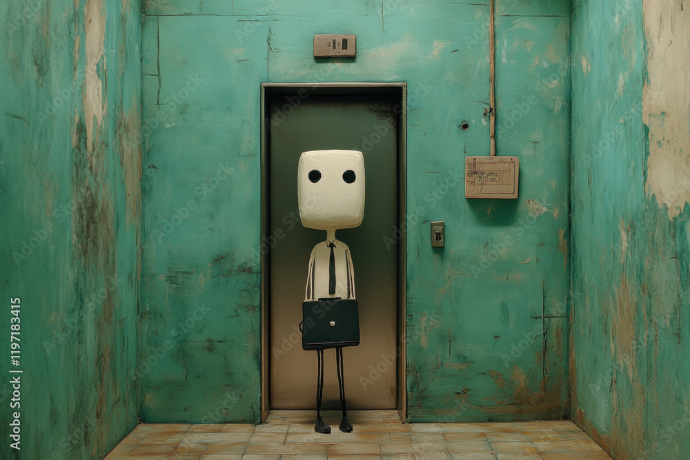 Poster business claymation, a claymation character shown walking into an elevator in high fidelity, ideal f