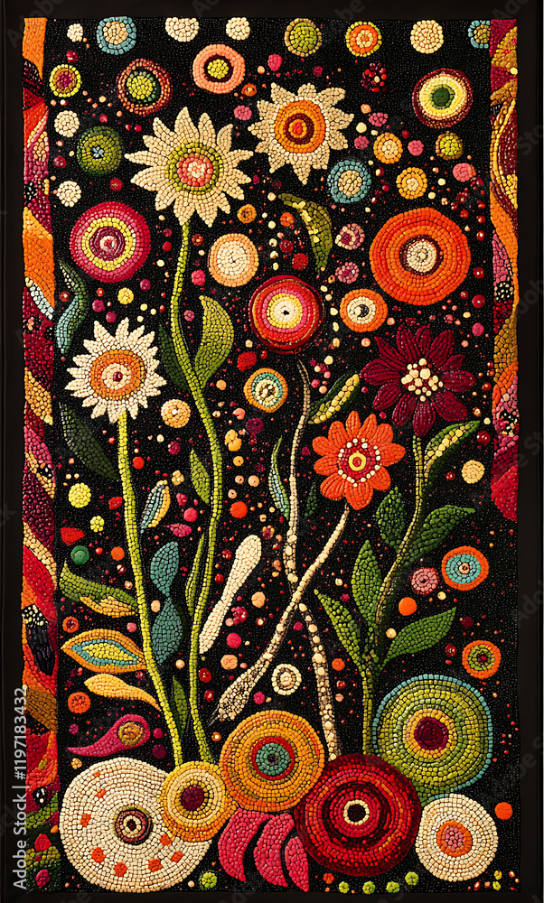 Poster vibrant floral patterns with colorful circles and intricate designs create stunning visual display. 