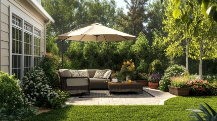 Tranquil Outdoor Living Space with Elegant Patio Furniture and Lush Garden Oasis for Relaxation