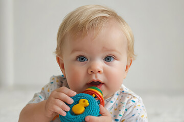 Portrait of a blond baby with a bright rattle in his hands