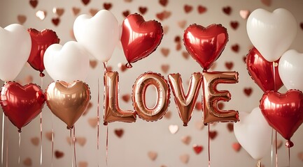 A wall with Valentine's Day balloons and balloon letters that spell "LOVE," front view, photography studio backdrop for a photo shoot	