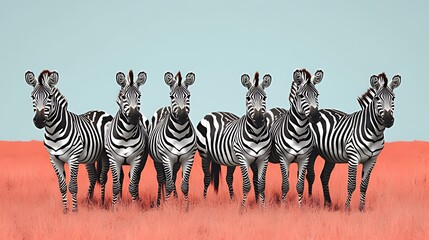 Fototapeta premium Five zebras stand in a row on coral-colored grass against a light blue sky.