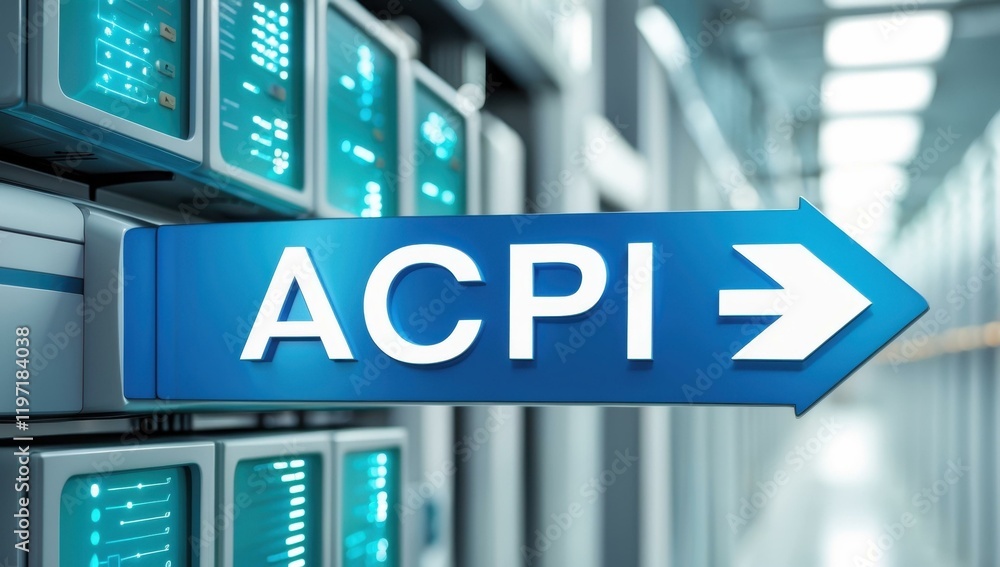 Poster blue digital arrow with acpi text pointing right, futuristic data center background, technology conc