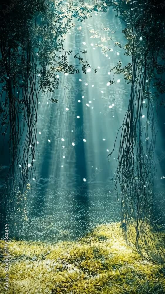 Aufkleber sunlight filters through trees in a tranquil forest, creating a peaceful atmosphere