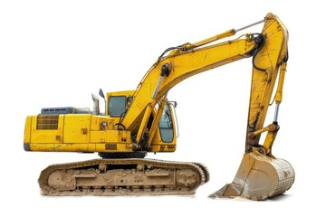 A yellow excavator with a large bucket, designed for digging and construction tasks. isolated on white background
