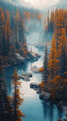 Autumn River in Mountain Valley