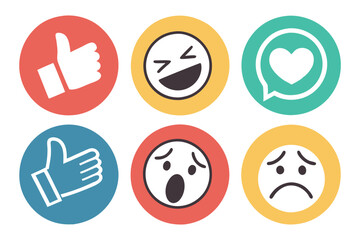Facebook reaction emojis, colorful circular icons, expressive emoticons, social media symbols, digital emotions, thumbs up, heart, hugging face, laughing face, surprised  interf