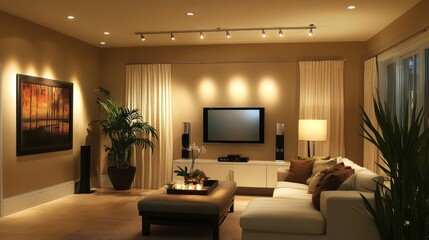 Fototapeta premium Wall-mounted track LED-lighting system in a living room, complemented by spotlights under the ceiling for a sophisticated look.