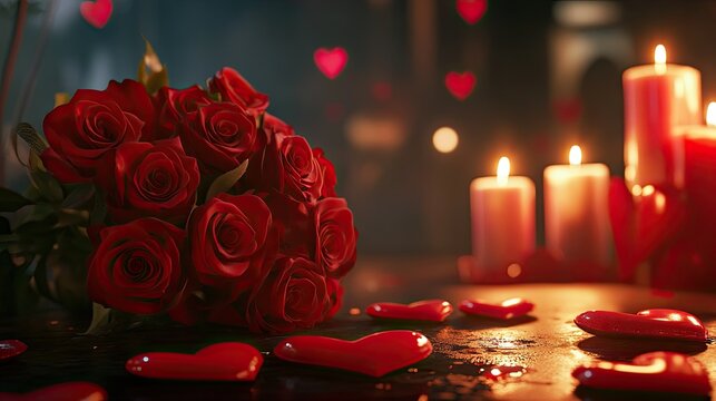 A romantic setting with a bouquet of red roses on a table, surrounded by heart-shaped decorations and soft candlelight. - Powered by Adobe