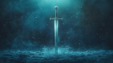 Naklejka premium Fantasy Sword in Frozen Landscape 3D Illustration